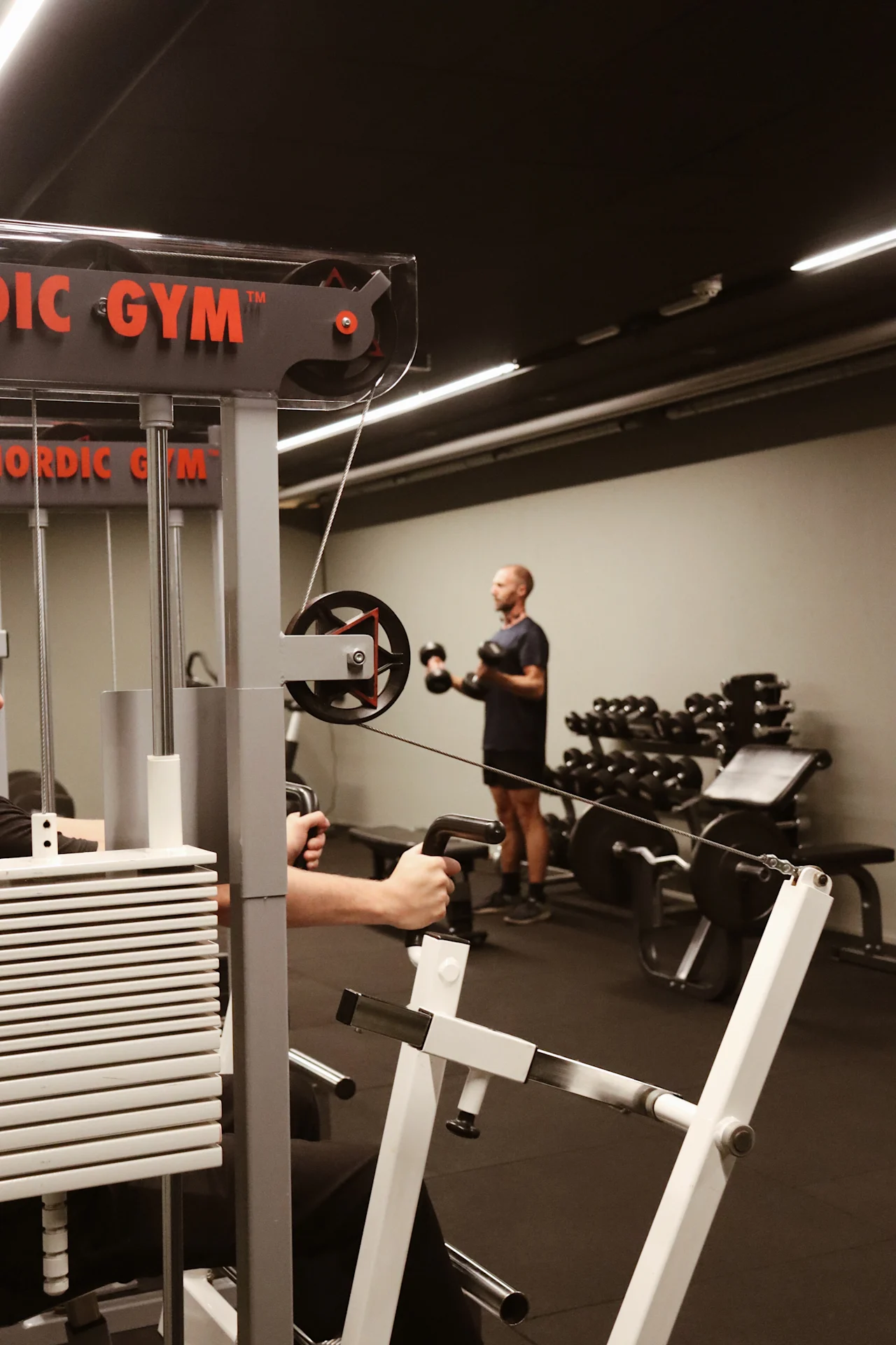 People exercising in a gym with NORDIC GYM equipment. One person uses a cable machine, another lifts dumbbells.