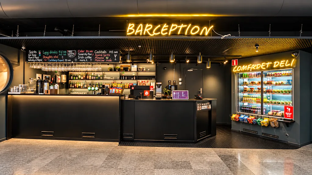 Modern hotel reception and bar with neon signs reading Barception and a well-stocked deli next to it.