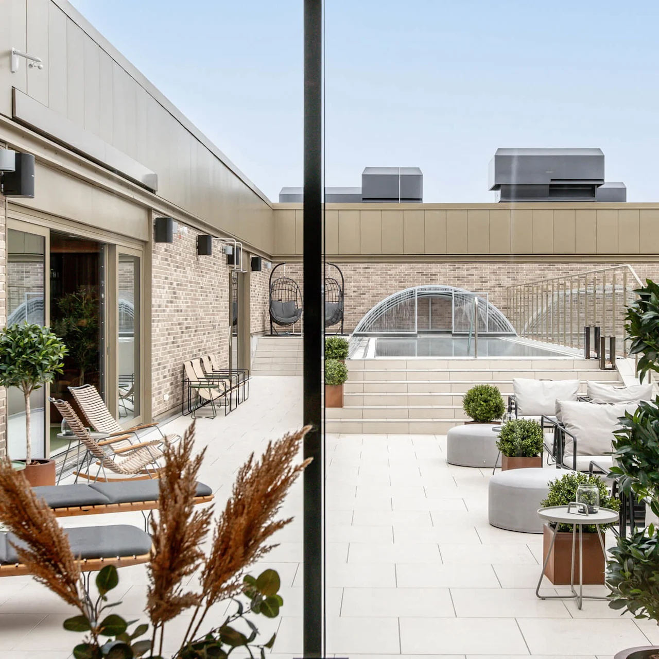 En tagterrasse med liggestole og potteplanter arrangeret omkring en lille pool og glasindhegning i en moderne bymiljø.