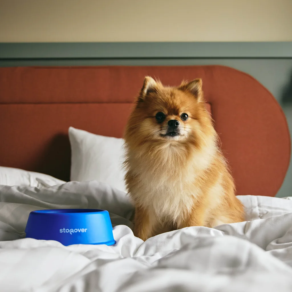 En fluffig hund sitter på en säng bredvid en blå skål som säger stopover. Hund på Stopover Falkenberg.