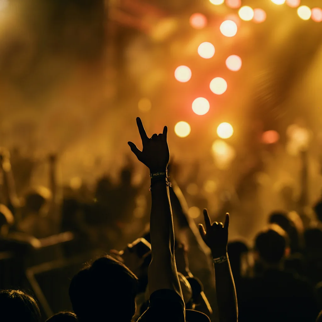 A crowd at a concert with hands raised, some making rock-on gestures, illuminated by bright stage lights.