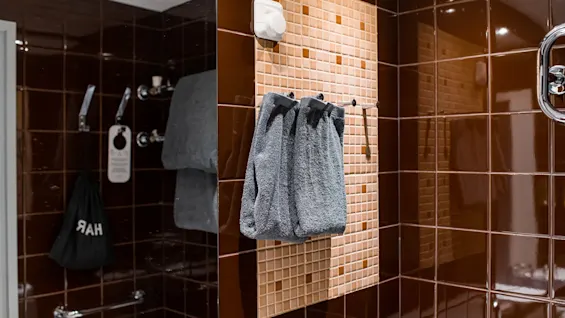 Gray towels hang on hooks against a mosaic-tiled wall in a dark brown tiled bathroom. A black bag labeled "HAR" and a door sign are visible nearby.