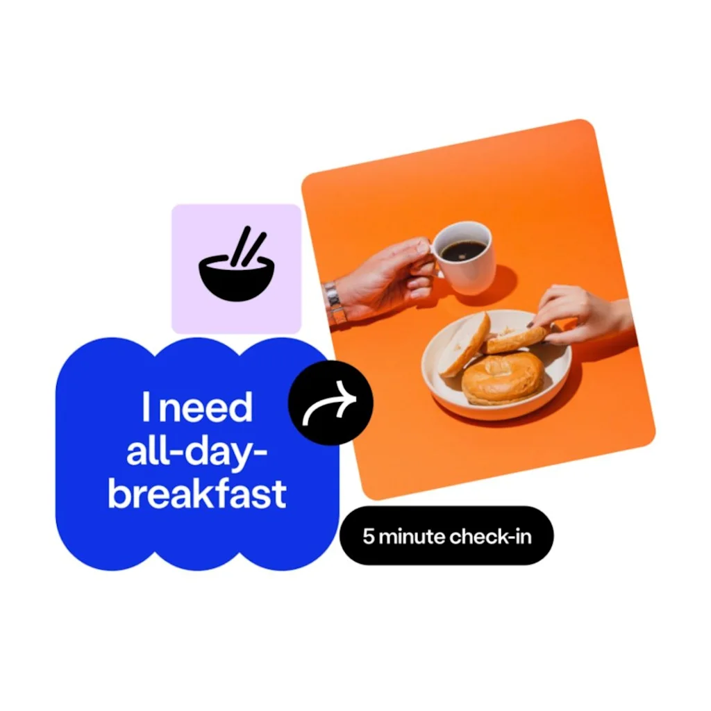 Ett hand håller en kaffekopp över en tallrik med croissanter på ett orange bord. Text: "I need all-day-breakfast," "5 minute check-in."