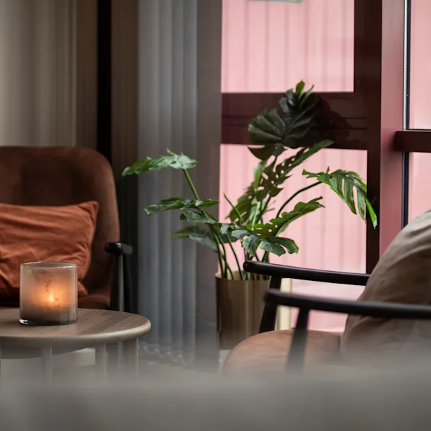 Kutsuva oleskelutila mukavilla istuimilla, lämpimällä kynttilänvalolla ja rehevällä kasvillisuudella ikkunan vieressä.