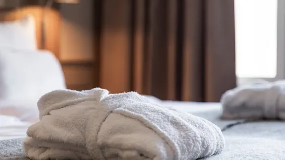 En mjuk vit badrock vikt på en säng i ett mysigt hotellrum på Home Hotel Tapto, redo för en avkopplande vistelse.
