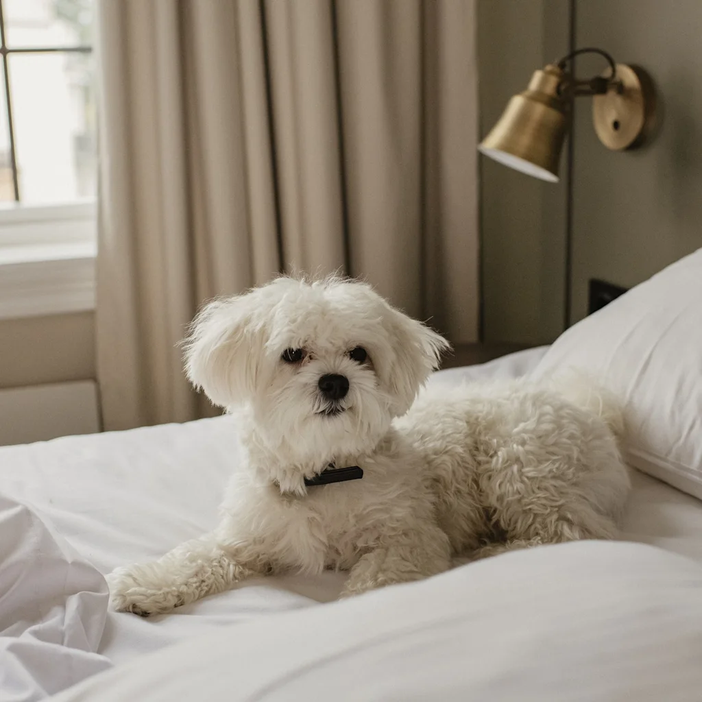 En fluffy hvit hund som slapper av på en komfortabel seng i et lyst rom, og ser oppmerksomt på betrakteren. 🐾