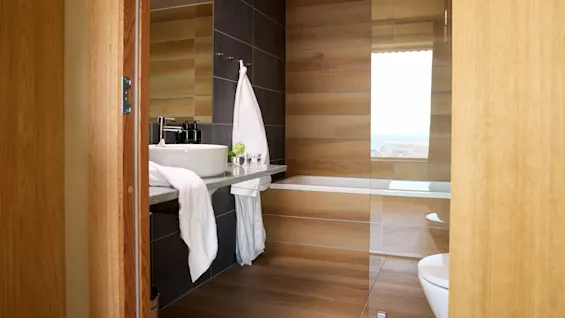 A modern bathroom features a white sink with a towel, glass bottles, and a green plant on the counter. Wooden walls and floors create a warm, sleek environment.