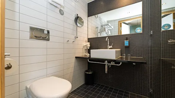 Toilet and sink with sleek fixtures sit in modern bathroom; white and dark tiles cover walls and floor, surrounded by mirror and shower. A small trash bin is below the sink.