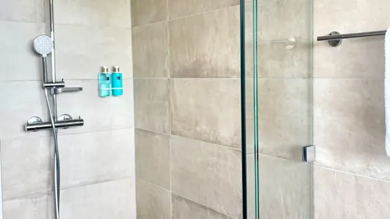A glass-walled shower stand holds two blue bottles on a holder; it contains a silver rainfall shower head and a handheld shower inside a beige-tiled bathroom.