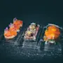 Delikate forretter anrettet på gennemsigtige glasplader med livlige orange ingredienser og garneringer, sat mod en mørk baggrund for at fremhæve deres kunstneriske præsentation.