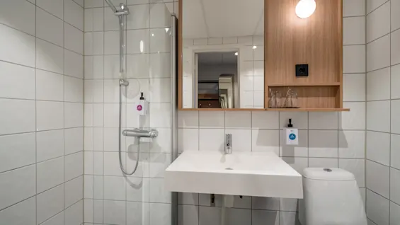 A modern white-tiled bathroom features a sink with a mirror above. To the left, a showerhead is mounted on the wall; to the right, a toilet is next to the sink.