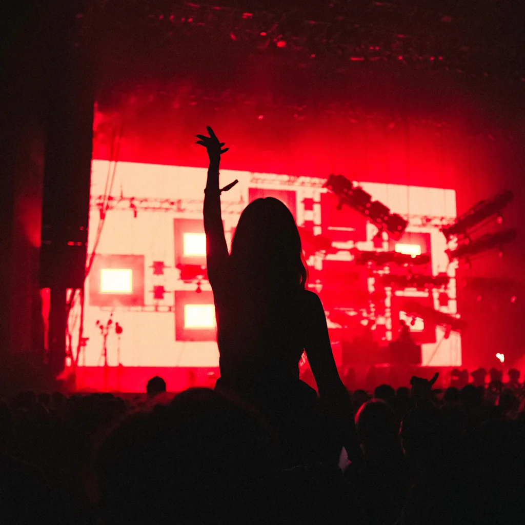 En person med armen uppsträckt, silhuett mot ett livfullt rött scenljus på en livlig konsert.