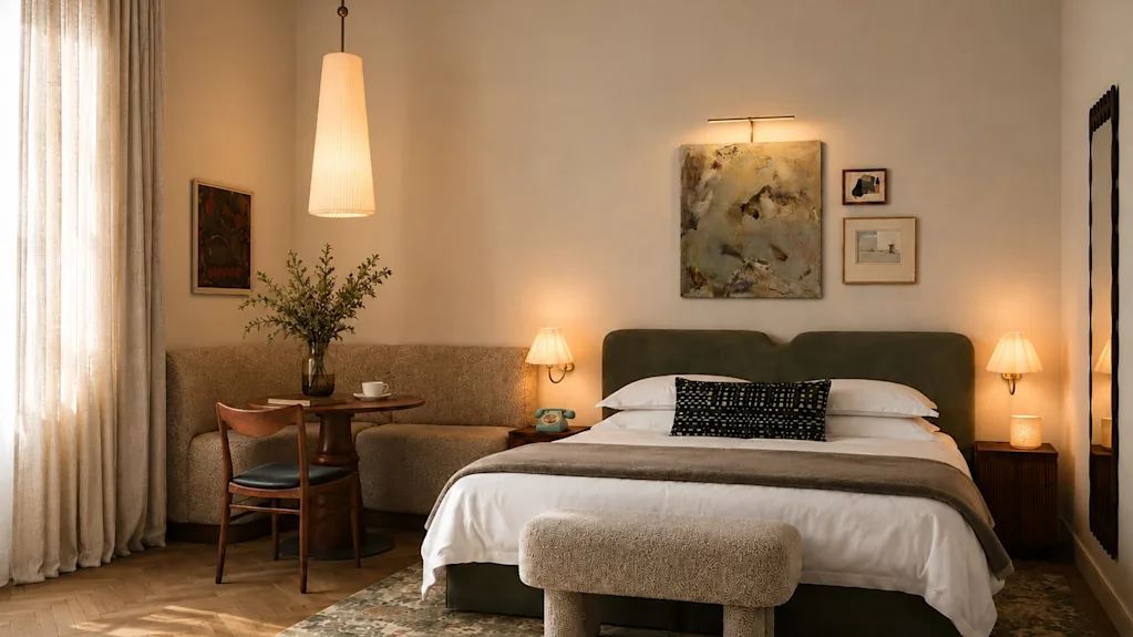 Ett mysigt hotellrum med säng, liten matplats och varm belysning. Våra rum tar fortfarande form visualiseringar inte fotografier.