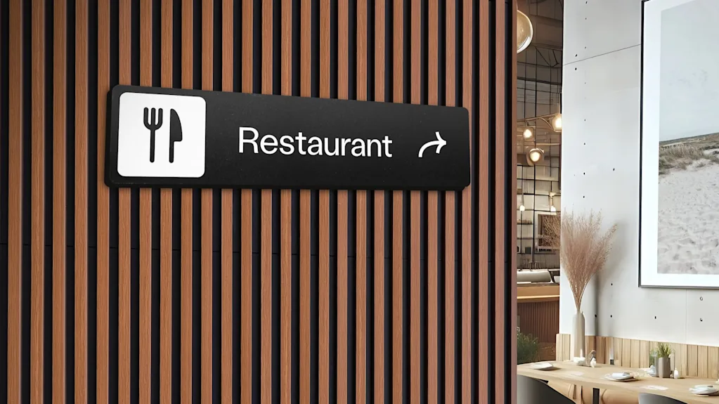 Skylten visar vägen till en restaurang med en gaffel och knivikon, monterad på en vägg med trälameller; intill finns ett matområde med bord, stolar och mjuk belysning.