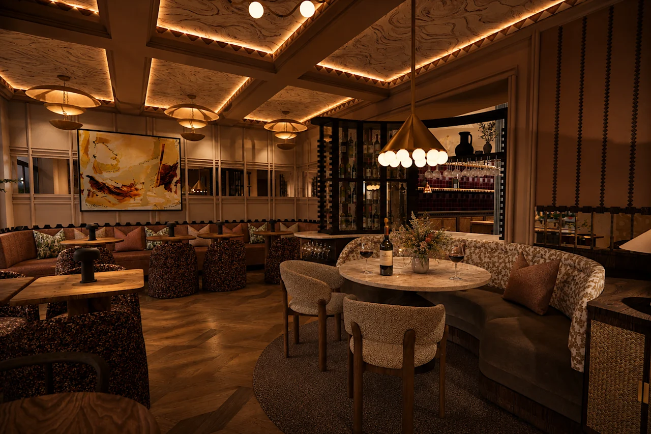 En elegant lounge eller bar med dämpad belysning, bekväma sittplatser, bord med drycker och varm, dekorativ belysning.