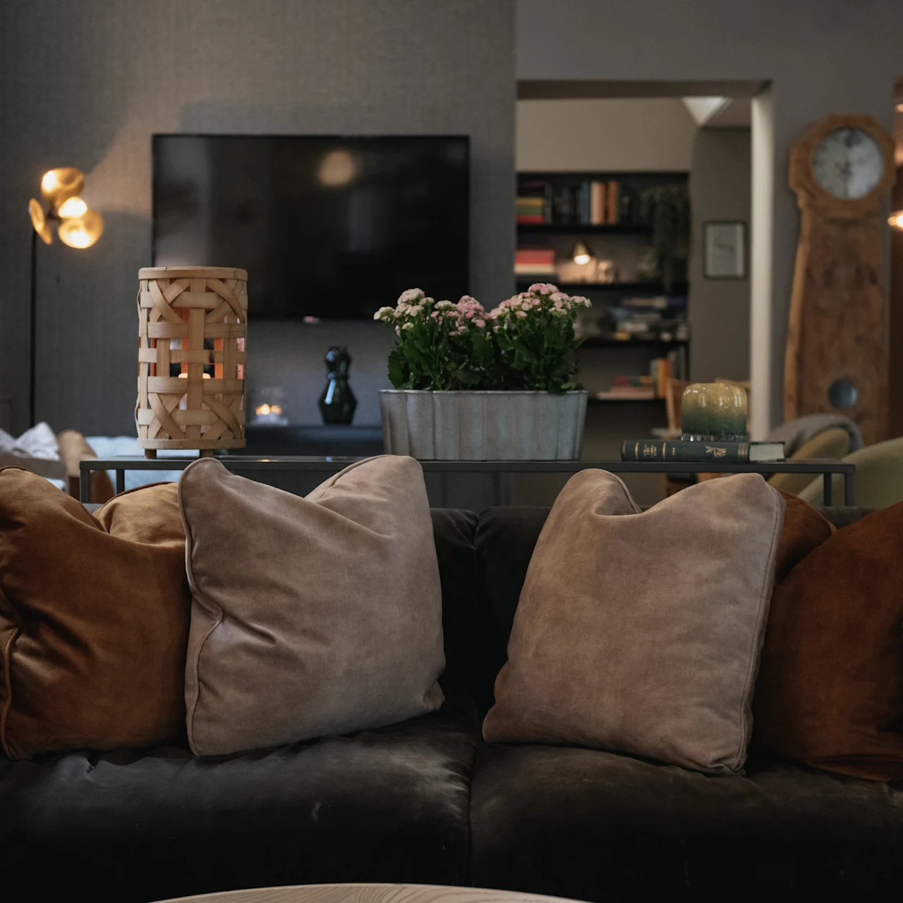 En mörk soffa med jordfärgade kuddar står mittemot ett träbord. Bakom hänger en TV på väggen, omgiven av en lampa och krukväxter. Skylten "WC" är synlig.