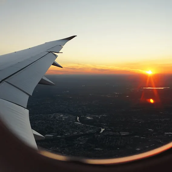Flyvinge strekker seg ut, svevende over et spredt bylandskap. En levende solnedgang farger himmelen med oransje nyanser, med refleksjoner på et fjernt vann.
