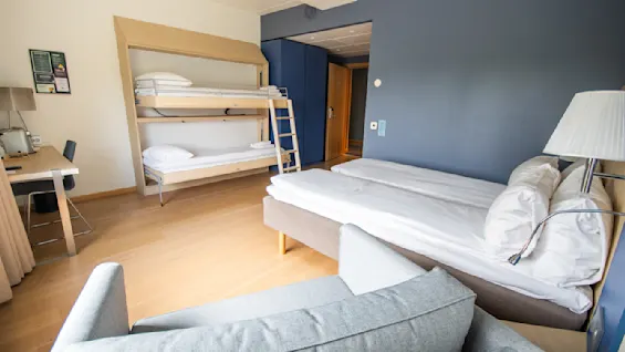 A hotel room features a double bed and a wall-mounted bunk bed with a ladder. A desk and chair are situated nearby, with soft lighting illuminating the wooden floor.