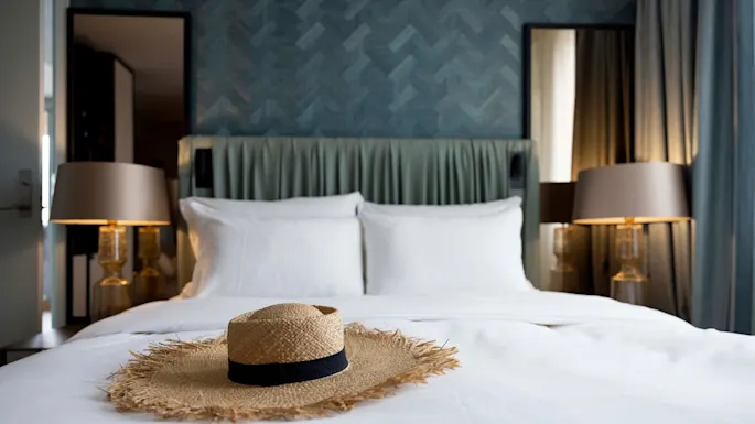 A straw hat with a black band rests on a neatly made bed with white linens; two bedside lamps and mirrors frame a textured blue wall.