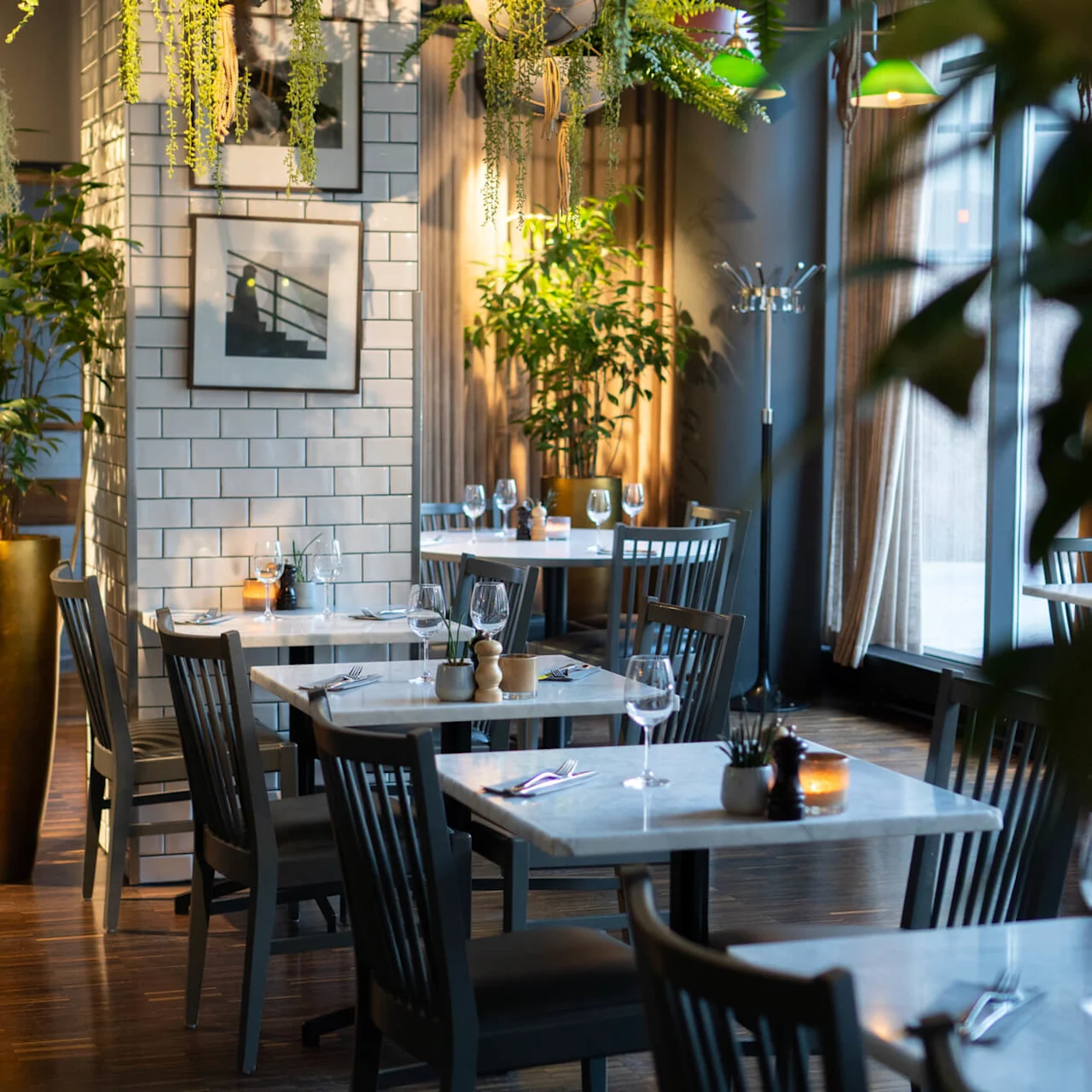 Tables with white tops, set with glasses and cutlery, sit in a cozy restaurant adorned with plants and framed pictures, illuminated by warm lighting.