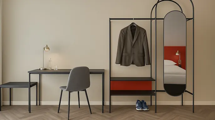 A modern hotel room featuring a desk with a lamp, a chair, and a clothing rack with a jacket and shoes, reflecting a bed.