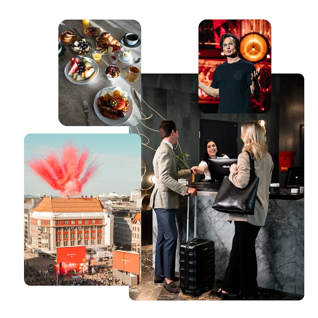 Collage of hotel experiences, including breakfast, reception check-in, a man on stage, and an outdoor event.