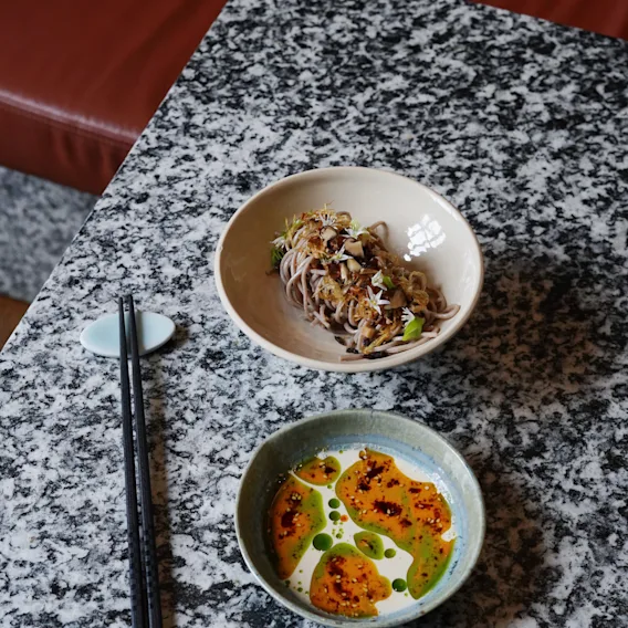 Two bowls of food, one with noodles and another with a colorful sauce, alongside chopsticks on a speckled table.