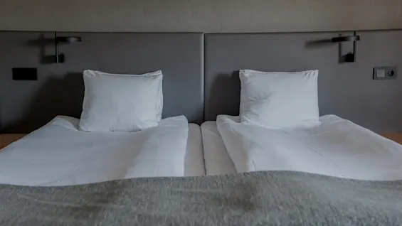 Two white pillows rest on neatly made twin beds under a light gray bedspread. The beds are framed against a modern, minimalist headboard with black reading lamps on each side.