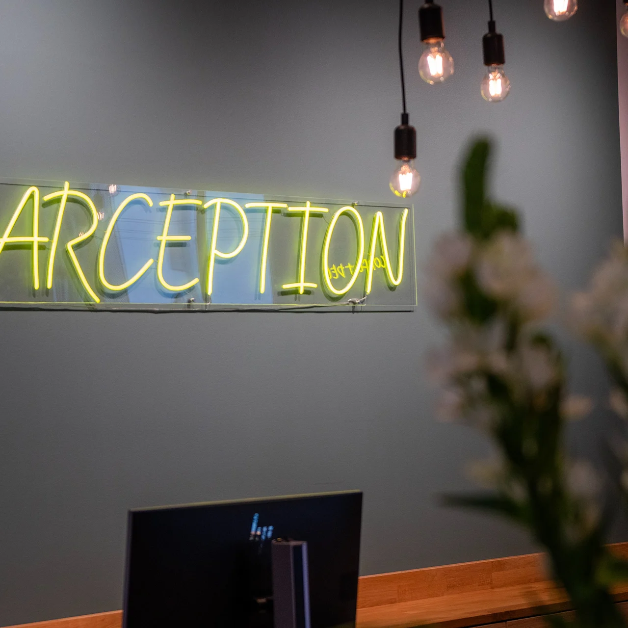 A neon sign reading "BARCEPTION" is mounted on a wall, illuminated by hanging light bulbs. In the foreground, blurred flowers are visible near a computer monitor.