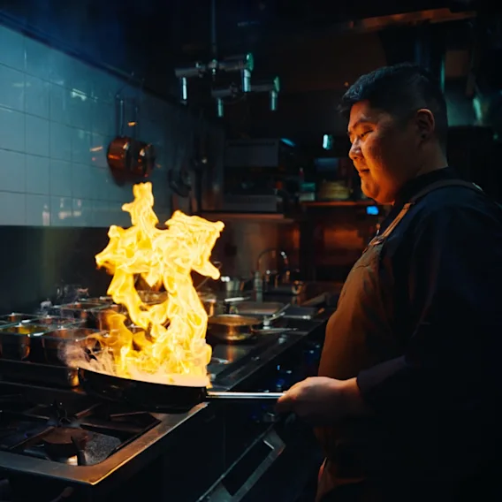 A chef holds a flaming pan, creating a dramatic fire display, in a dimly lit professional kitchen with tiled walls and various cooking pots around.