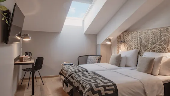 Viihtyisä hotellihuone, jossa kaksi erillistä sänkyä, työpöytä, televisio ja kattoikkuna, luontoaiheisella sängynpäädyllä.