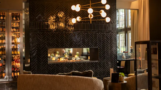A luxurious living room features a modern fireplace set in a glossy black tile wall, illuminated by a spherical chandelier, surrounded by bookshelves and large windows.