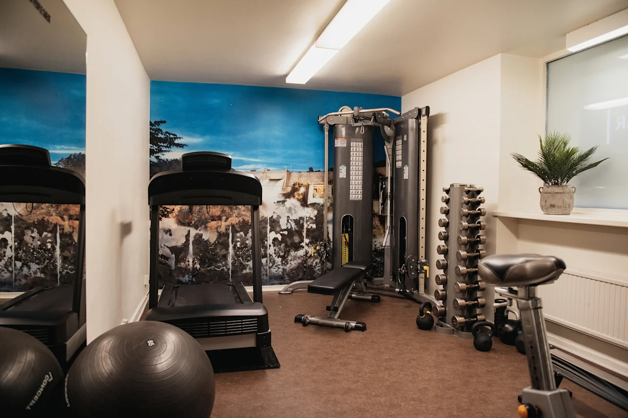 Home Hotel Kung Oscar fitness room with various exercise equipment, including a treadmill, weights, and a stationary bike.
