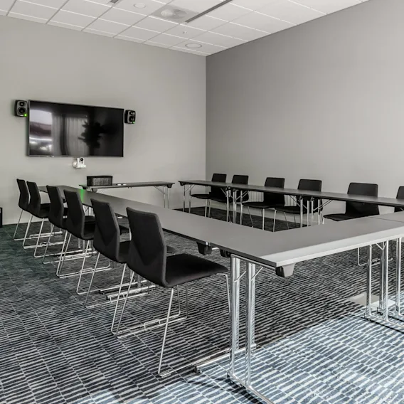 A U-shaped conference table with black chairs occupies a modern meeting room with a wall-mounted TV, speakers, a small cabinet with a plant, and a large potted plant.