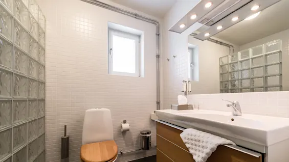 Et moderne baderom med et toalett med tresetetrekk, ved siden av en vask med speil ovenfor, mot hvite flislagte vegger og en glassblokk-skillevegg.