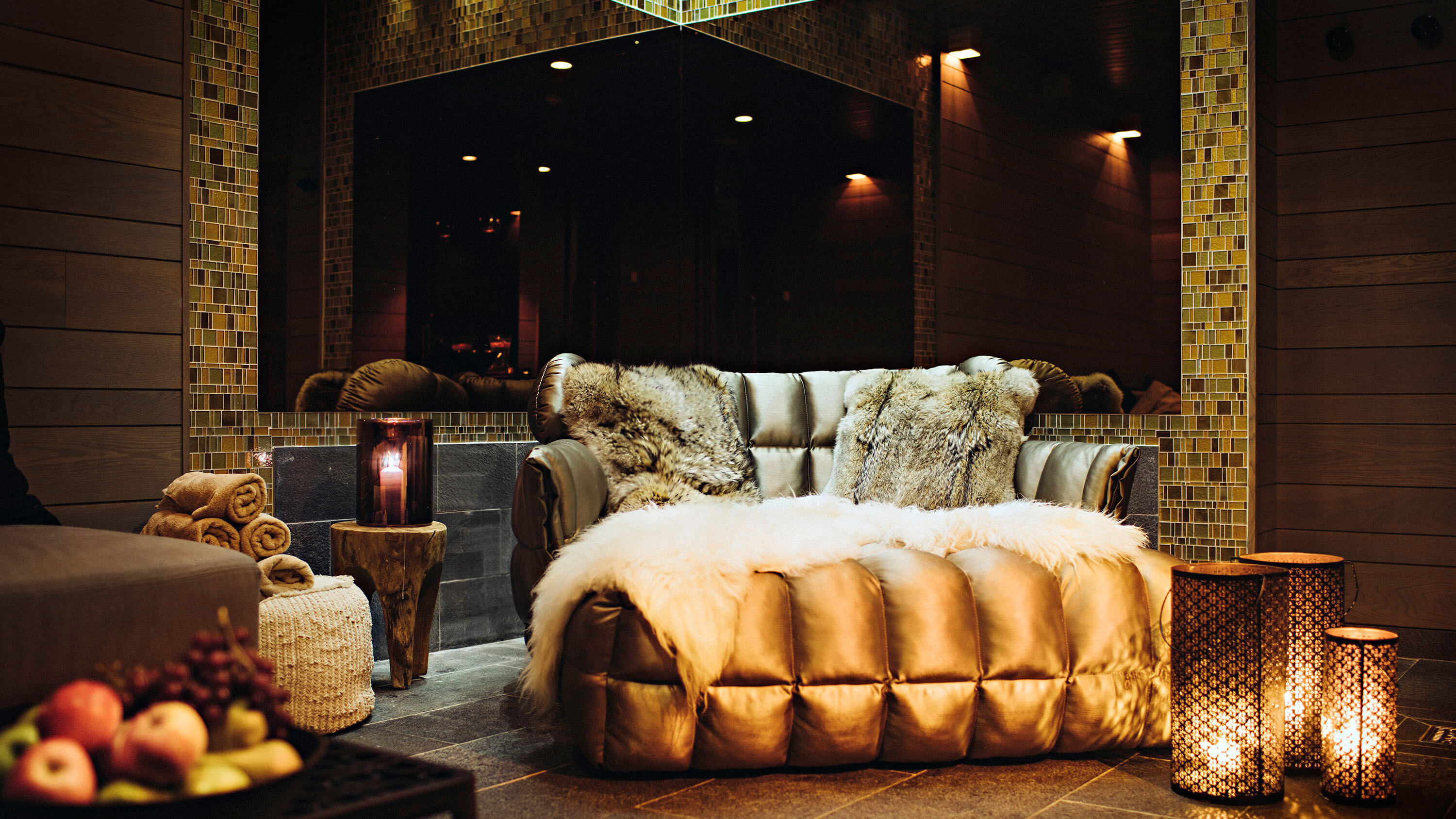 Golden couch at the spa at Copperhill Mountain Lodge in Åre, Sweden.