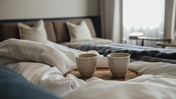 Two cups on a wooden tray on a bed, suggesting a relaxing morning in a comfortable room.