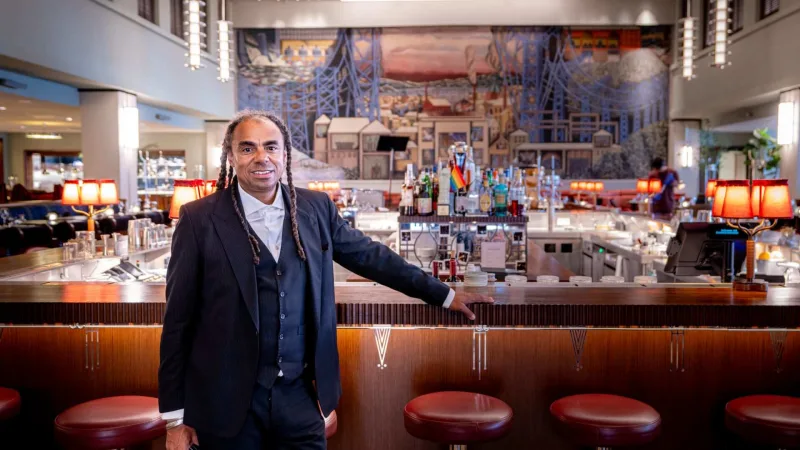 Dominic Gorham at the bar at Sommerro, a hotel in Oslo, Norway.