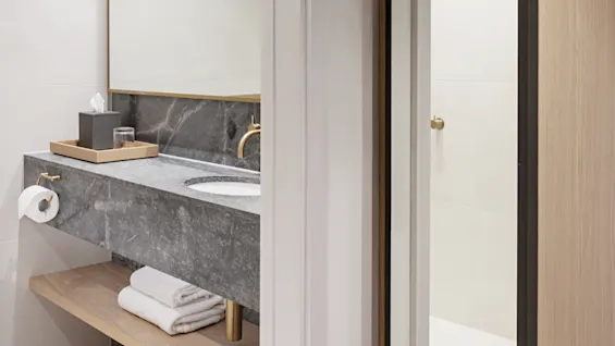 A modern bathroom features a dark stone sink with gold faucet, tissue box, and towels, set against light walls and a large mirror.