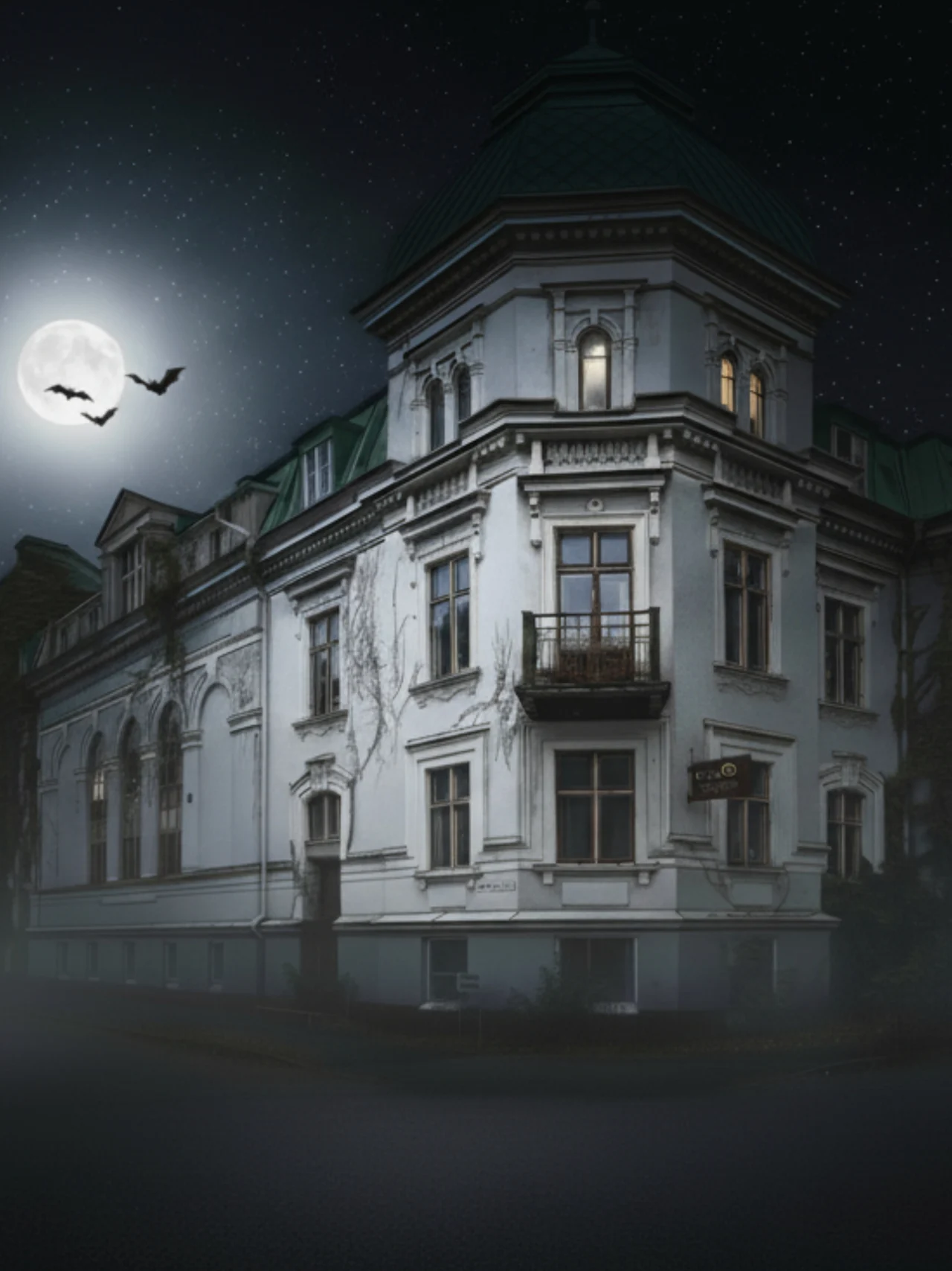 En stor, gammel bygning med grønt tak, overgrodd av vinranker, står under en måneopplyst himmel med flaggermus i nærheten. Et skilt sier "Cafe."