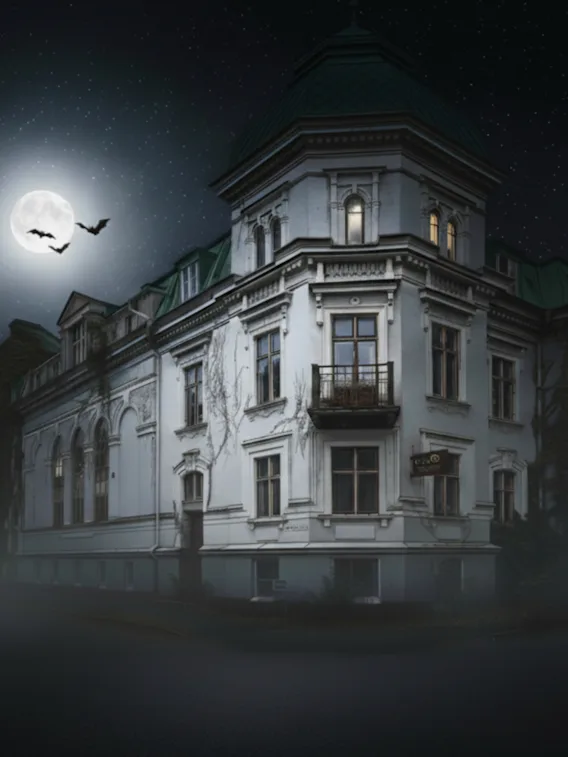 En stor, gammel bygning med grønt tag, overgroet med vinstokke, står under en månebelyst himmel med flagermus i nærheden. Et skilt siger "Cafe."