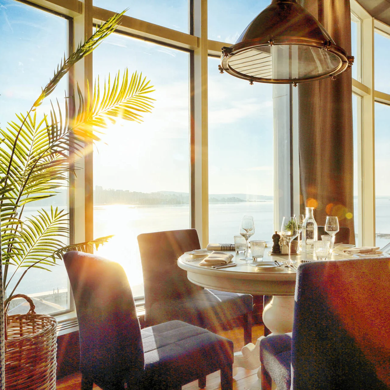A round dining table set with glasses and cutlery, illuminated by sunlight, is surrounded by dark chairs. Large windows offer a view of a serene waterfront, with a large fern to the side.