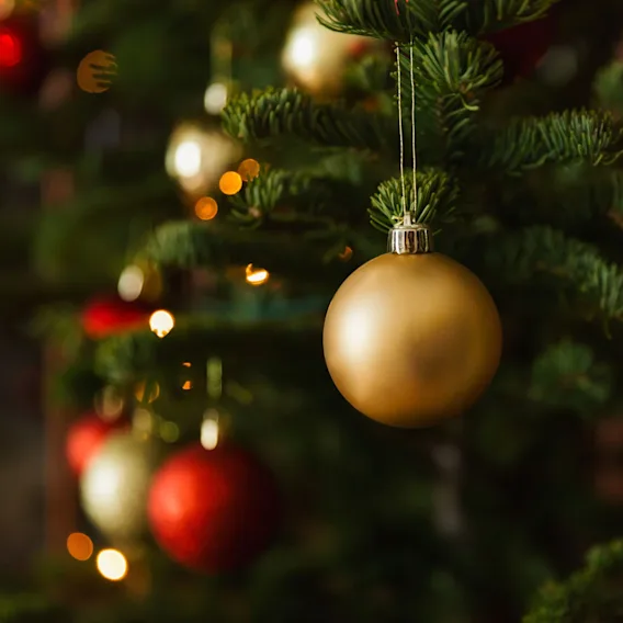 Et nærbilde av et juletre pyntet med gylne og røde julekuler, med varme, uskarpe lys i bakgrunnen.