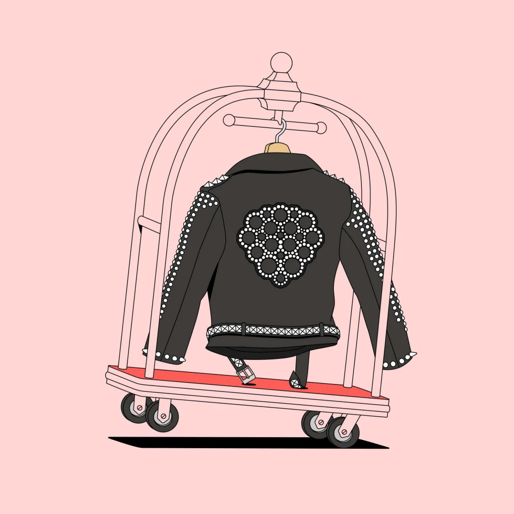 An illustration of a biker jacket with the Strawberry logo on the back.