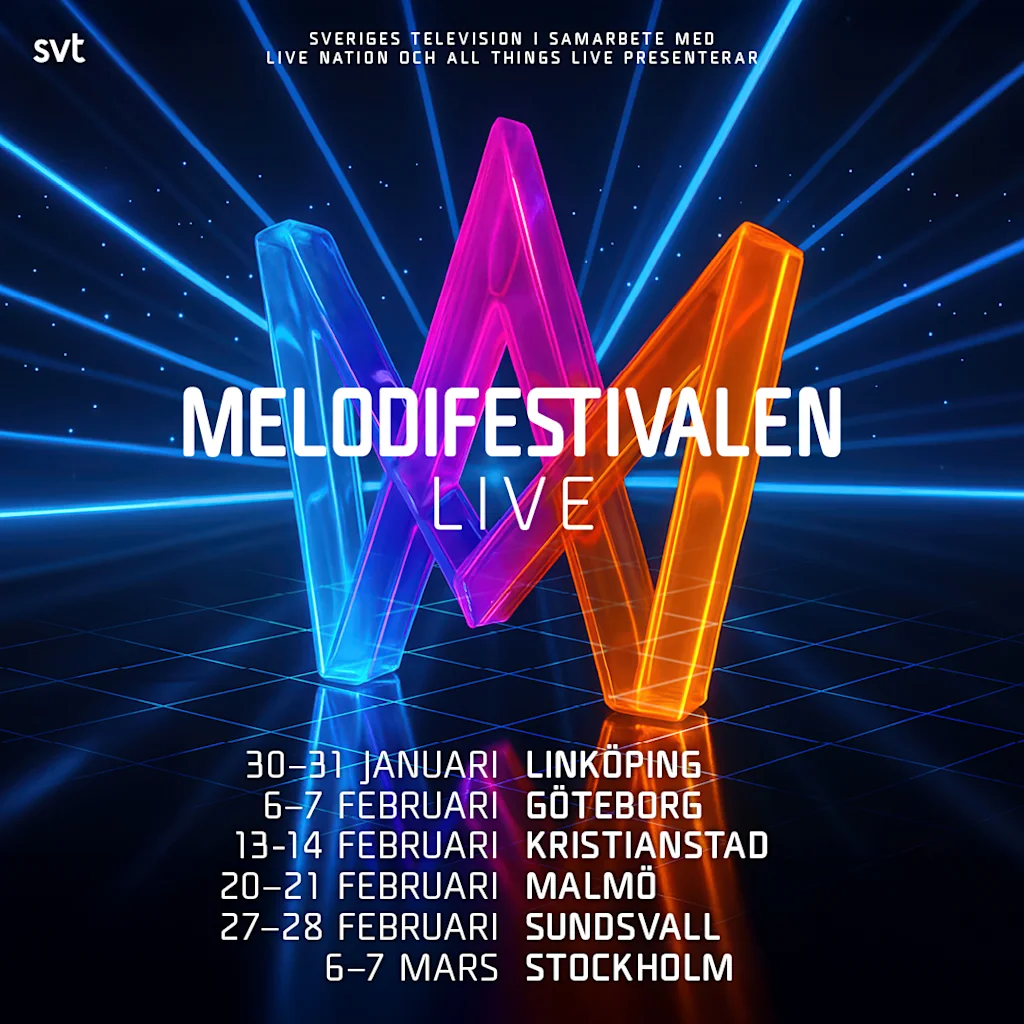 Affisch för Melodifestivalen Live-turnén med en livfull M-logotyp och en lista över städer och datum för evenemanget.