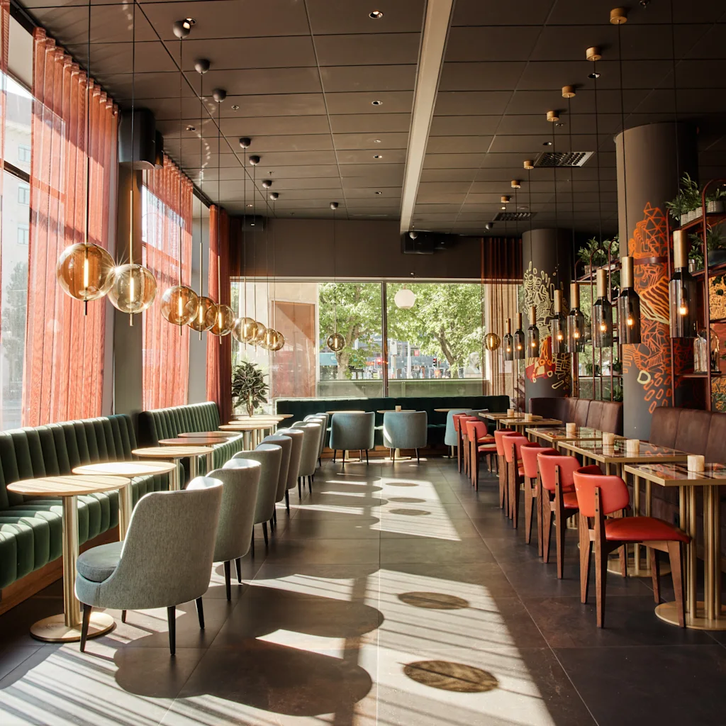 A stylish restaurant interior with sunlight streaming through large windows, illuminating modern tables and chairs.