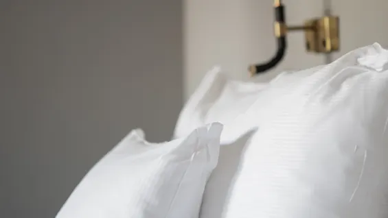 White pillows rest neatly against a bed in a softly lit room with a modern wall-mounted lamp above, casting a shadow on the light-colored wall.