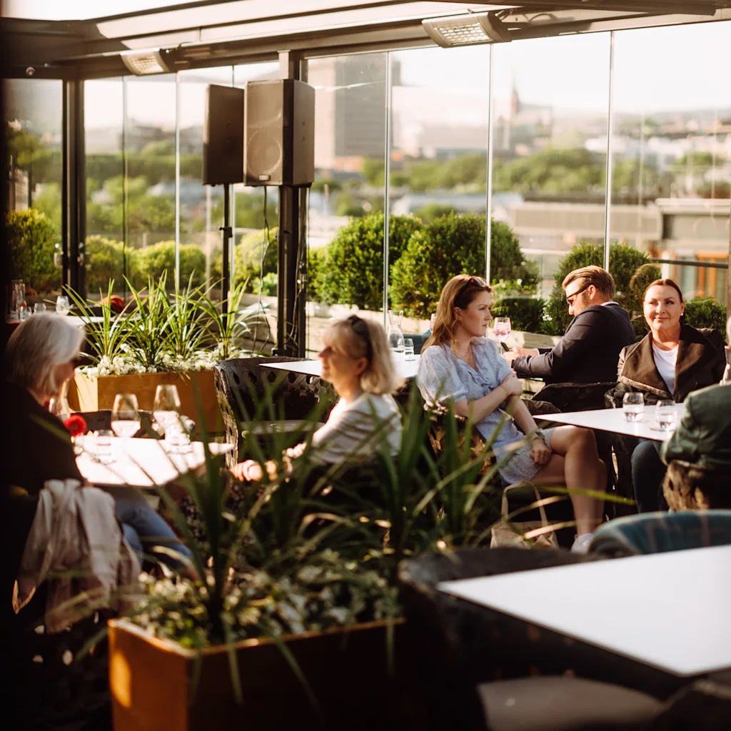 People enjoying a sunny outdoor dining experience on a terrace with lush greenery and a city view in the background.