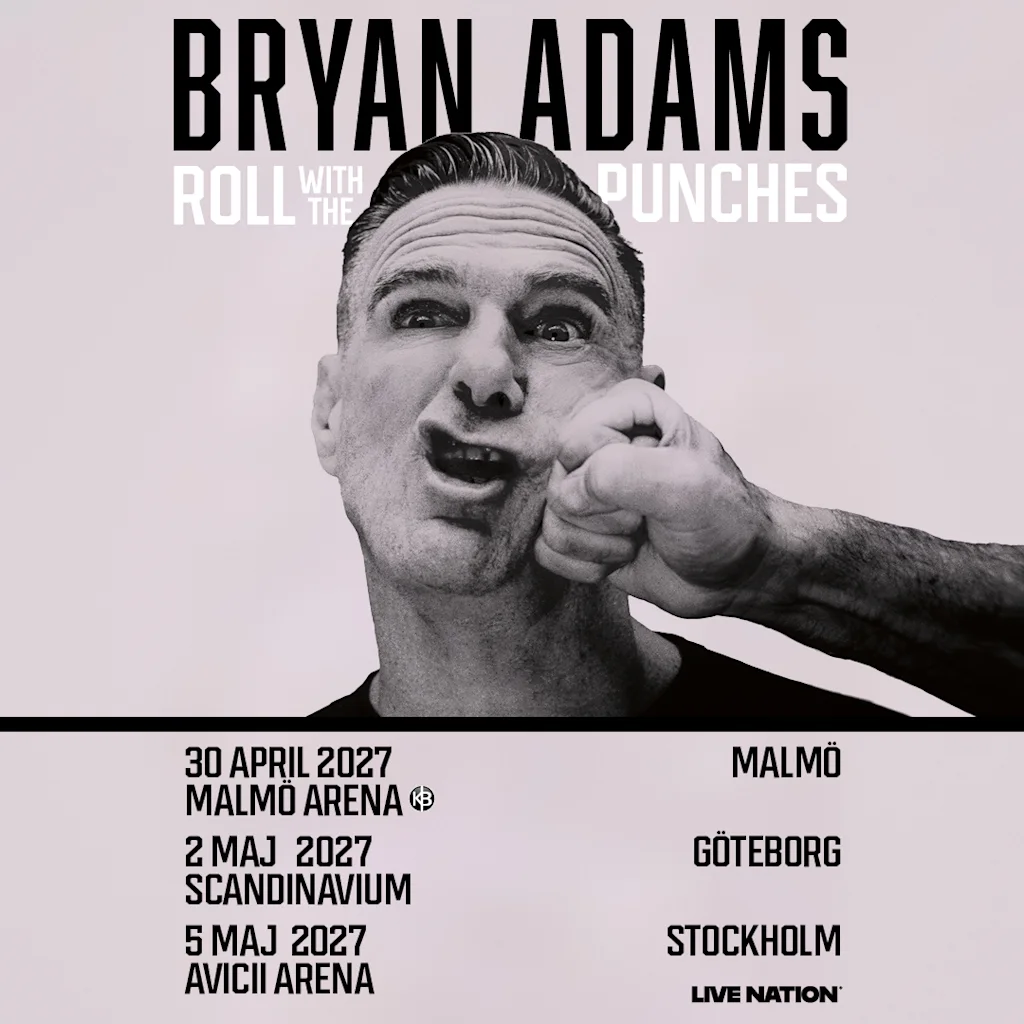 Konsertaffisch för Bryan Adams Roll with the punches turne i Sverige 2027