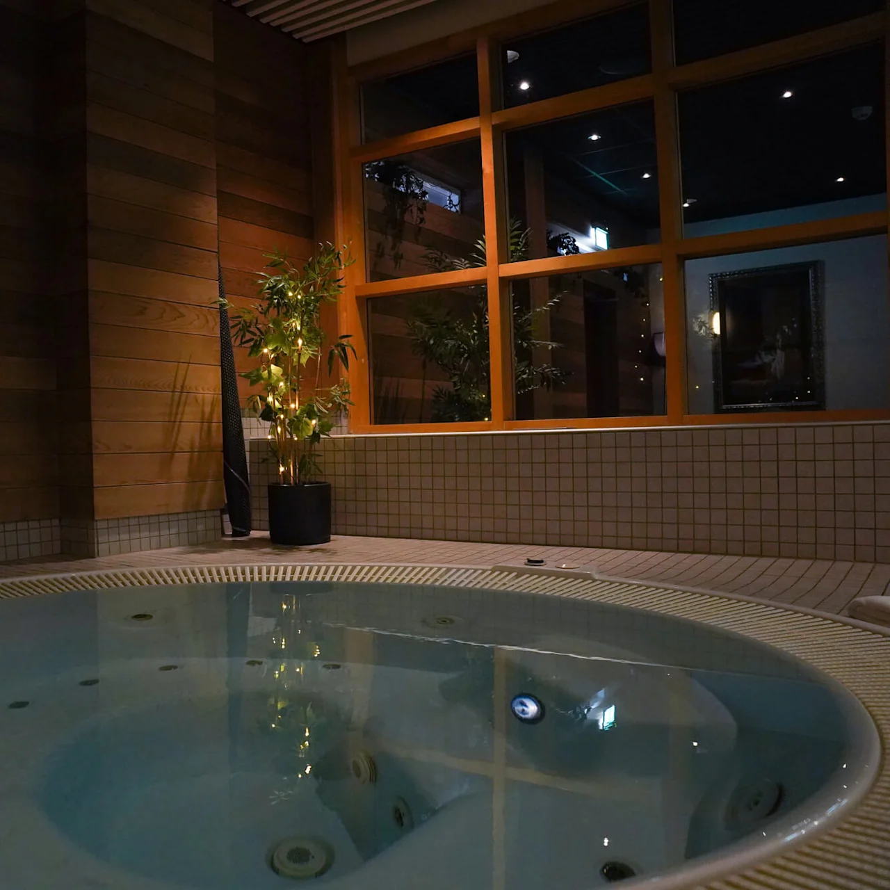 An empty jacuzzi with a wooden wall and a plant beside it in a well-lit indoor space.